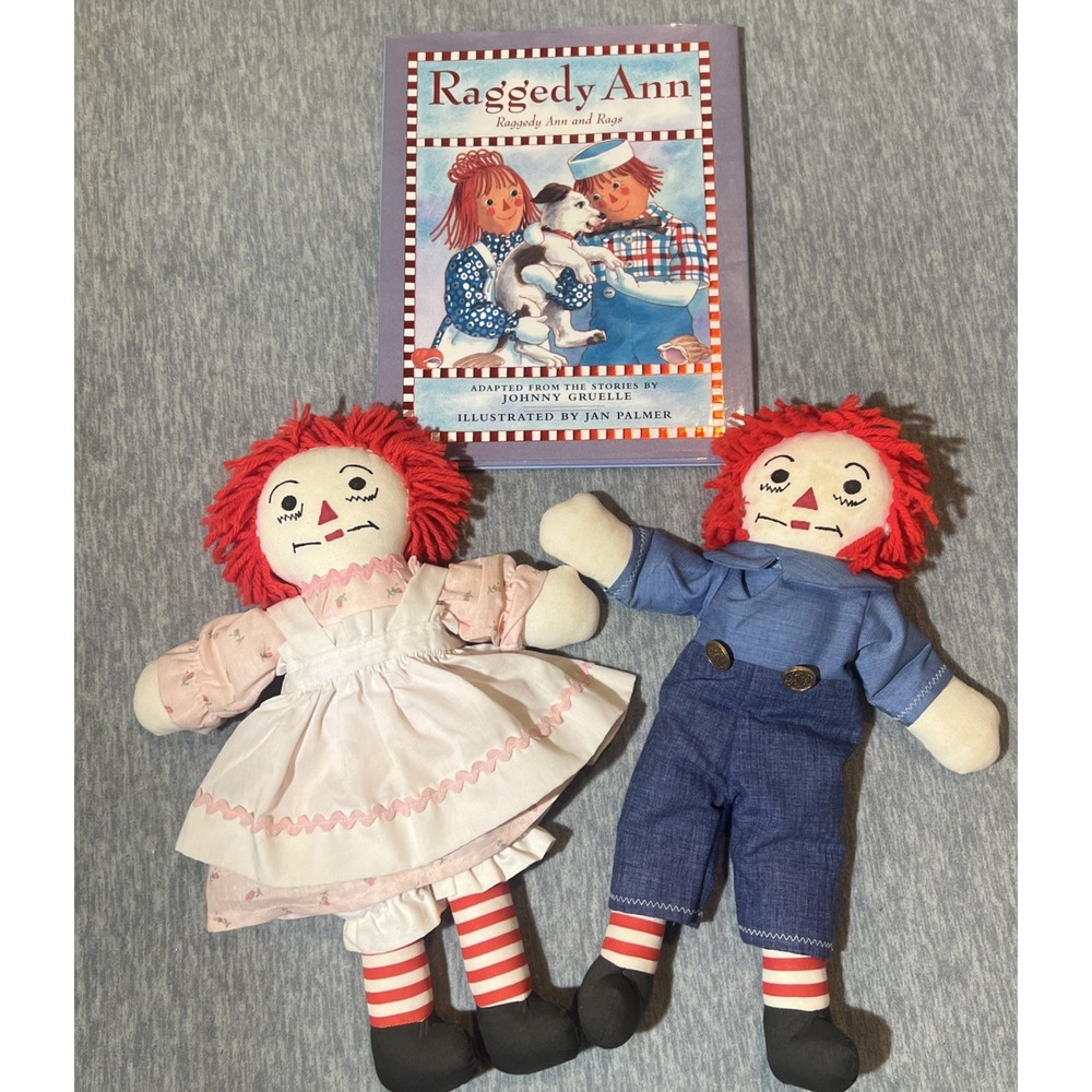 Raggedy Ann and Andy Dolls With Hardcover Book Vintage Stuffed 14.5" No Brand‎